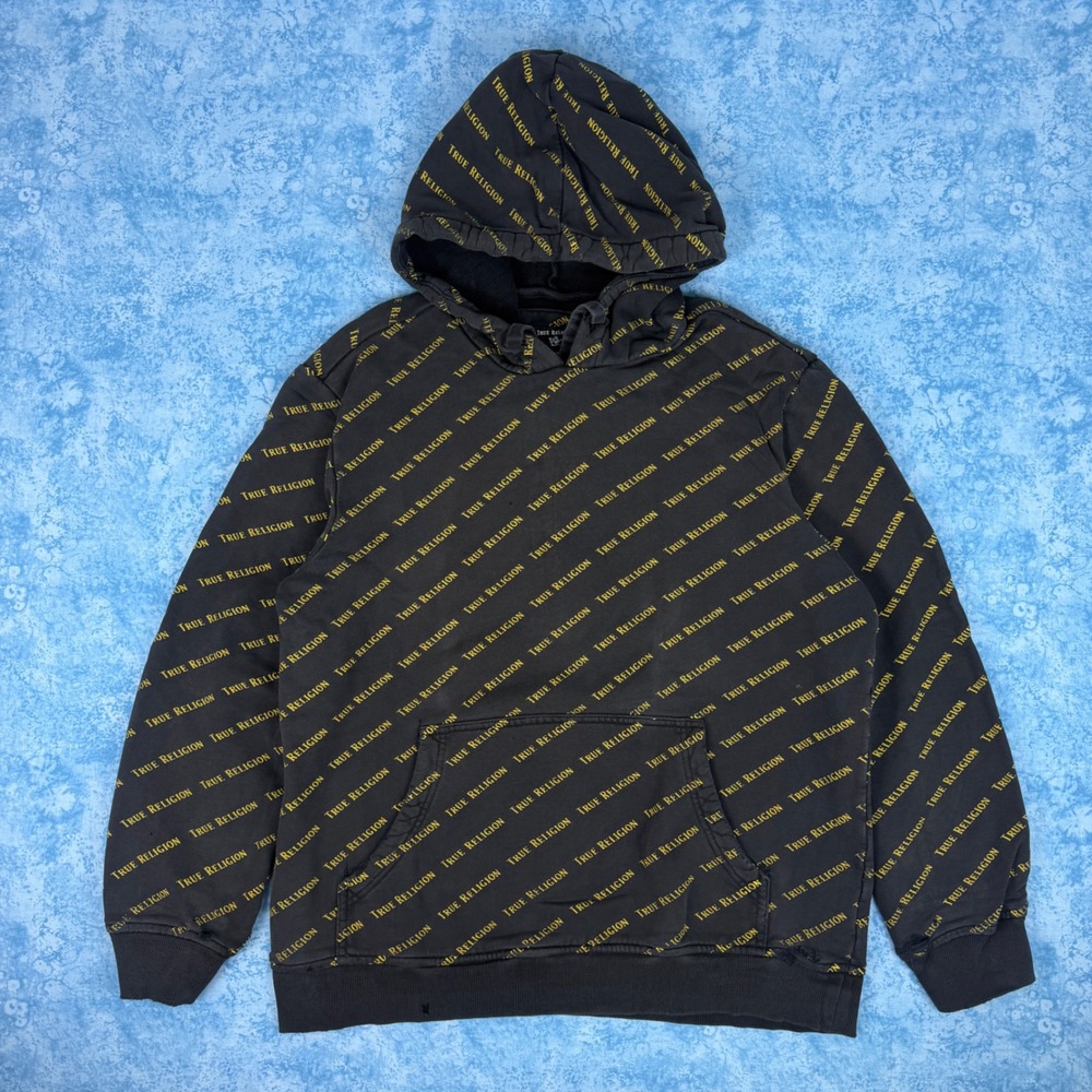 True Religion Mens Allover Print Script Logo Pullover Hoodie Black Yellow Large